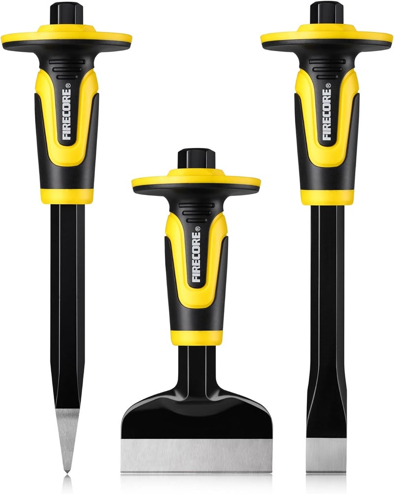 Firecore Rock Chisel Set, 3PCS Masonry Chisel with Hand Guard, Heavy Duty Point Flat Cold Chisel for Concrete Stone Brick Rock Tile Mortar Breaking Demolishing Carving Splitting Cutting Mason Tools - Image 1